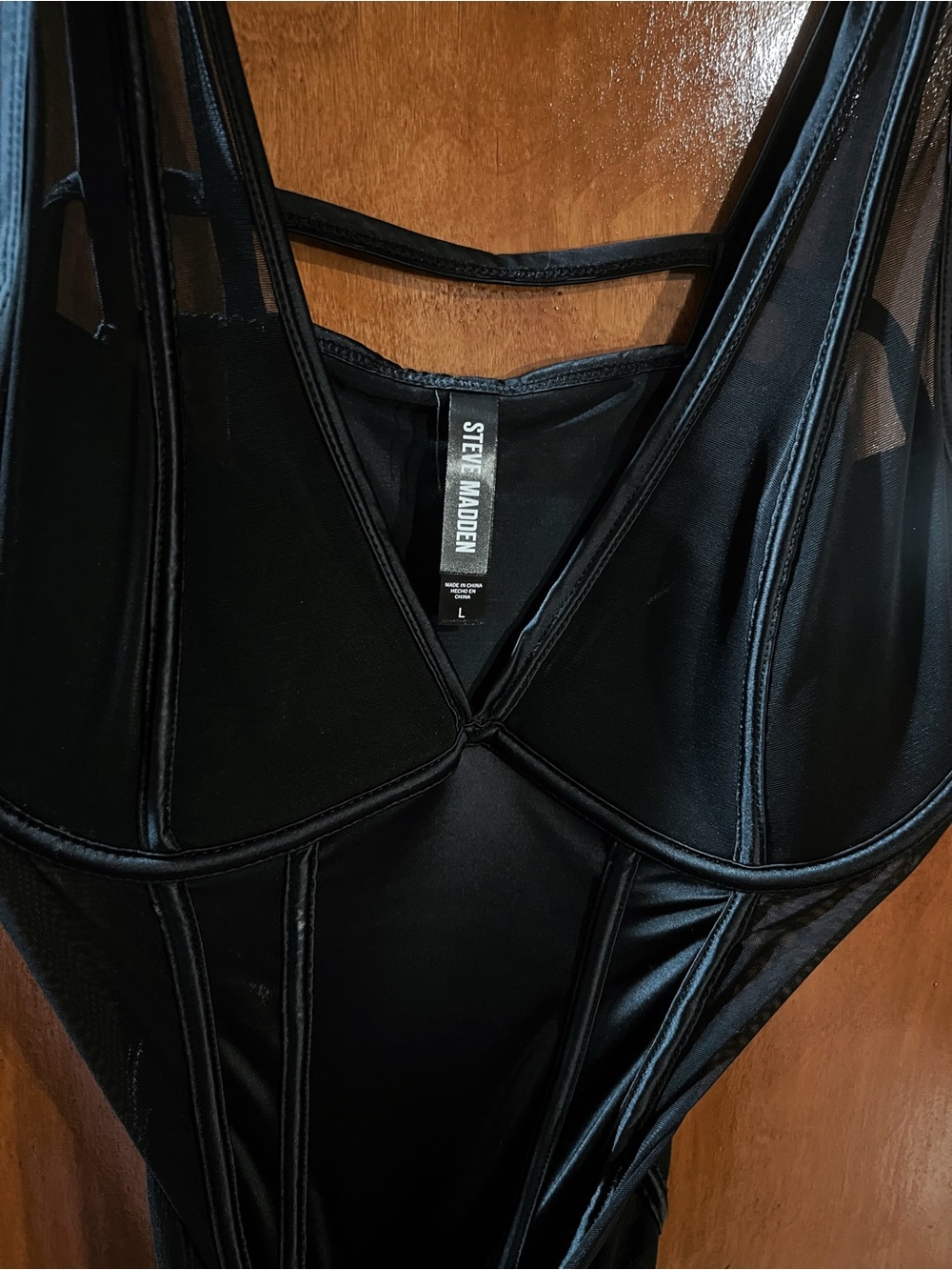 Steve Madden Black Mesh-Panel Sculpting Bodysuit